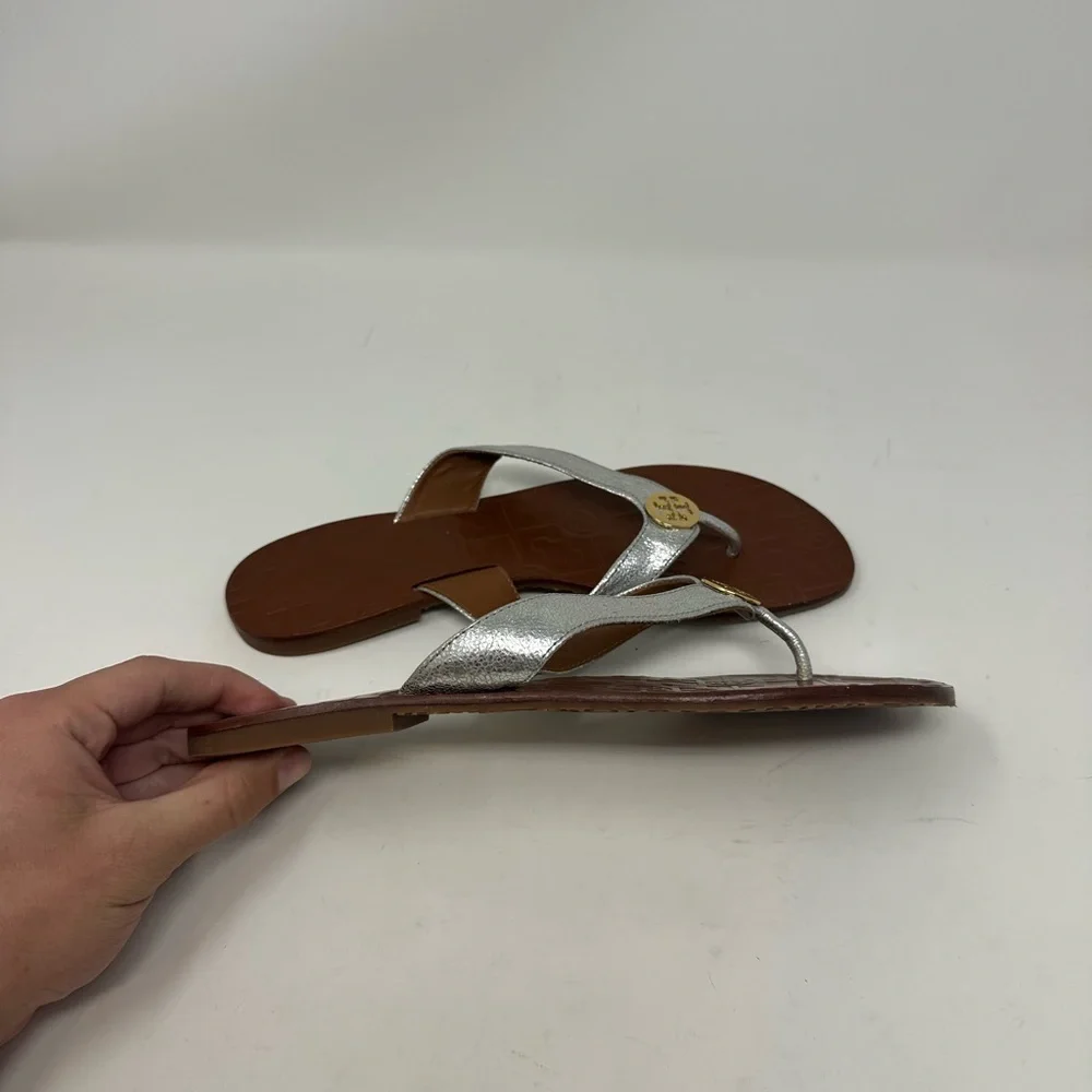 Tory Burch Silver Leather Flip Flop Sandals with Brown Footbed